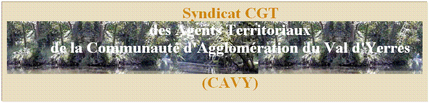 Zone de Texte: Syndicat CGT 
des Agents Territoriaux
de la Communaut d'Agglomration du Val d'Yerres 
(CAVY)
 
Syndicat CGT 
des Agents Territoriaux
de la Communaut d'Agglomration du Val d'Yerres 
(CAVY)
 
