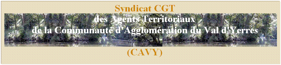 Zone de Texte: Syndicat CGT 
des Agents Territoriaux
de la Communaut d'Agglomration du Val d'Yerres 
(CAVY)
 
Syndicat CGT 
des Agents Territoriaux
de la Communaut d'A  gglomrtion du Val d'Yerres 
(CAVY)
 
