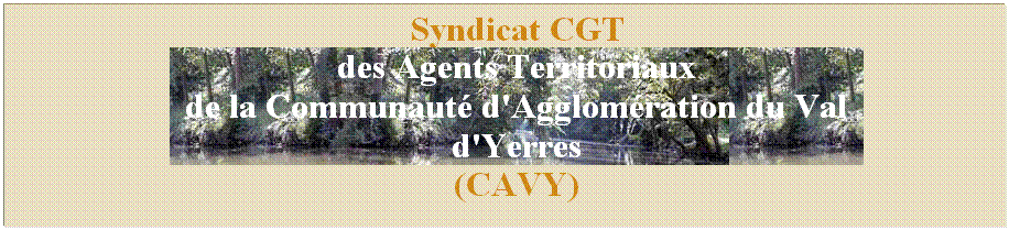 Zone de Texte: Syndicat CGT 
des Agents Territoriaux
de la Communaut d'Agglomration du Val d'Yerres 
(CAVY)
 
